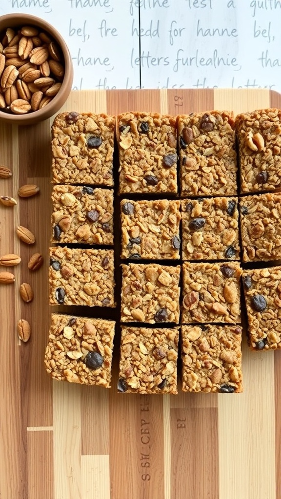 Nutty granola bars cut into squares with a bowl of almonds