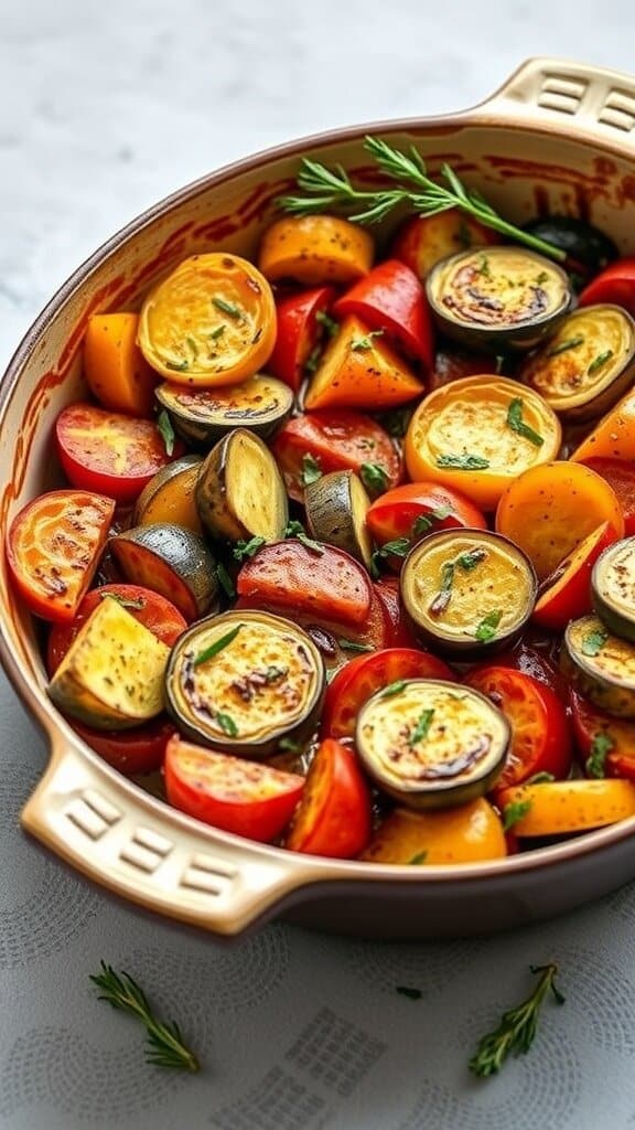 A colorful baked ratatouille with layers of zucchini, eggplant, bell peppers, and tomatoes in a baking dish.