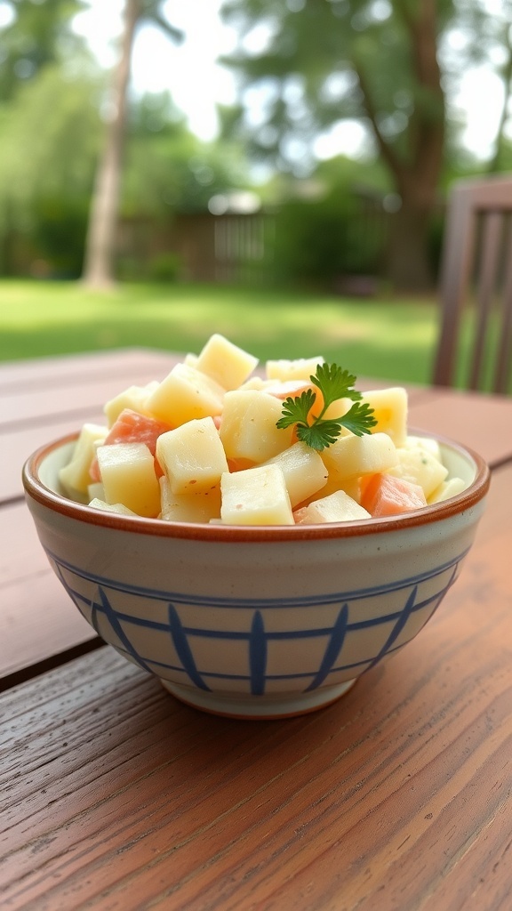 A bowl of cold potato salad with diced vegetables, garnished with parsley.