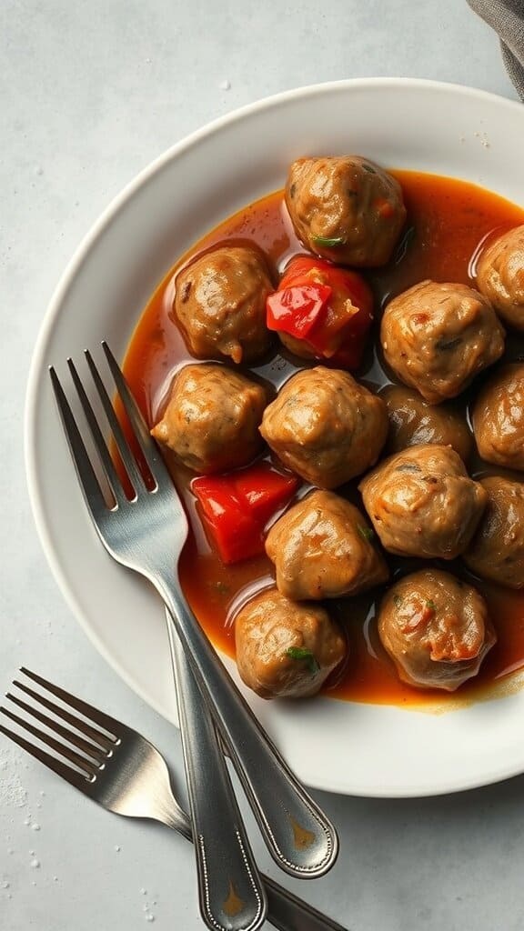 A plate of cold meatballs in a mysterious sauce, garnished with red peppers.
