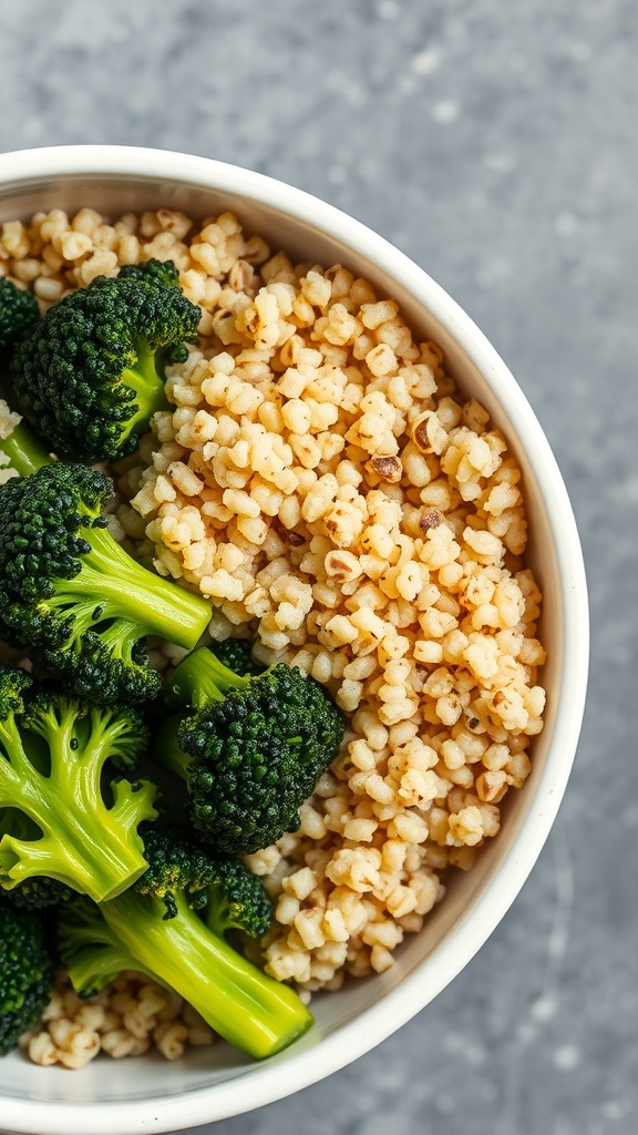 A bowl of unseasoned quinoa with steamed broccoli.