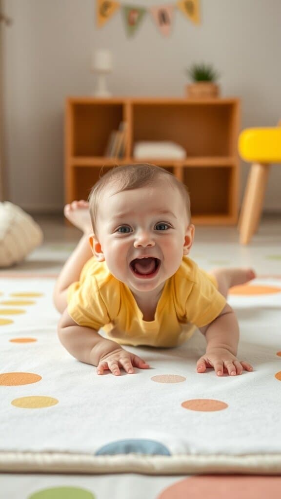 A happy baby in a yellow shirt, crawling on a colorful play mat, smiling widely.