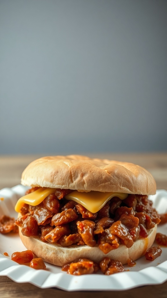 A Sloppy Joe sandwich with processed cheese on a plate.