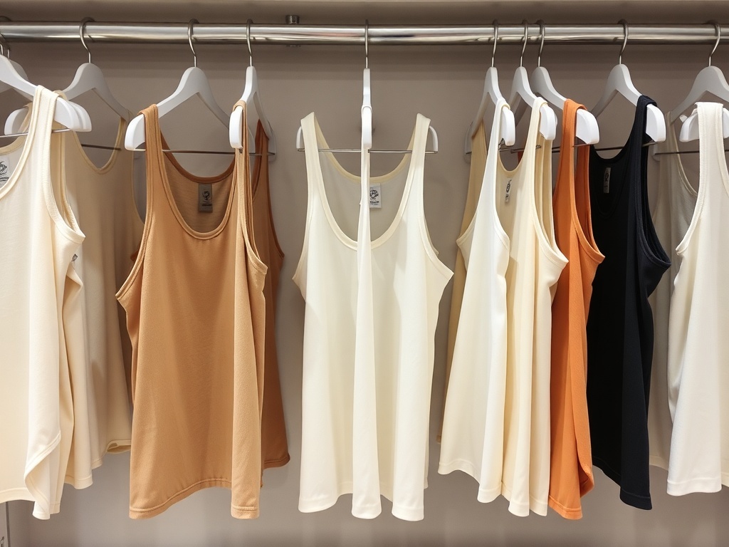 A collection of tank tops in various colors hanging on a rack.