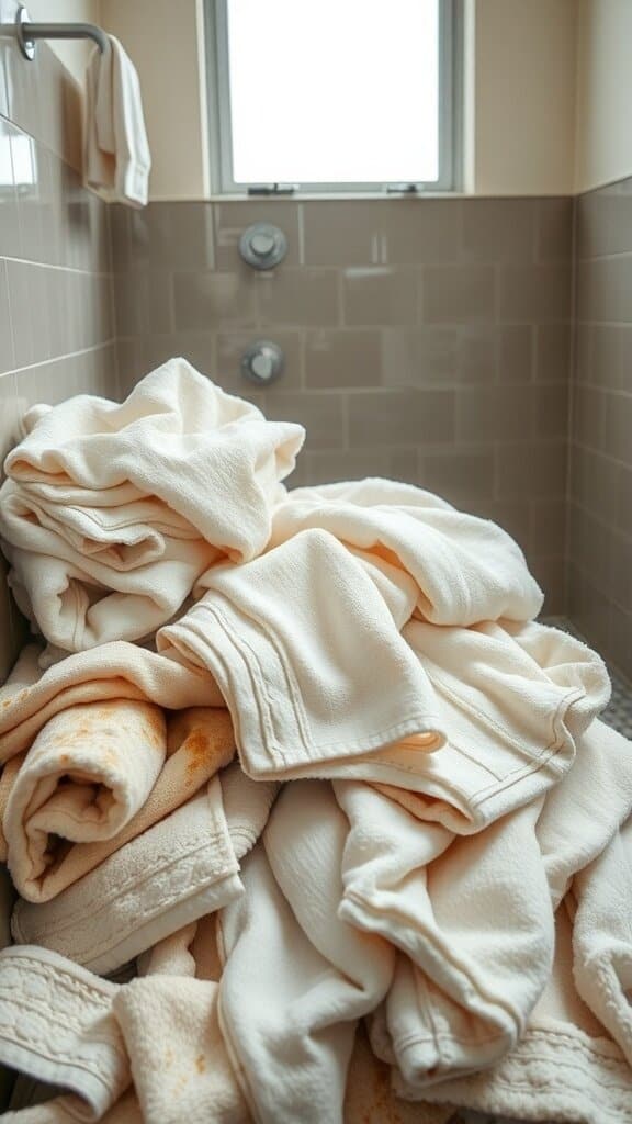 A pile of stained white towels in a bathroom setting