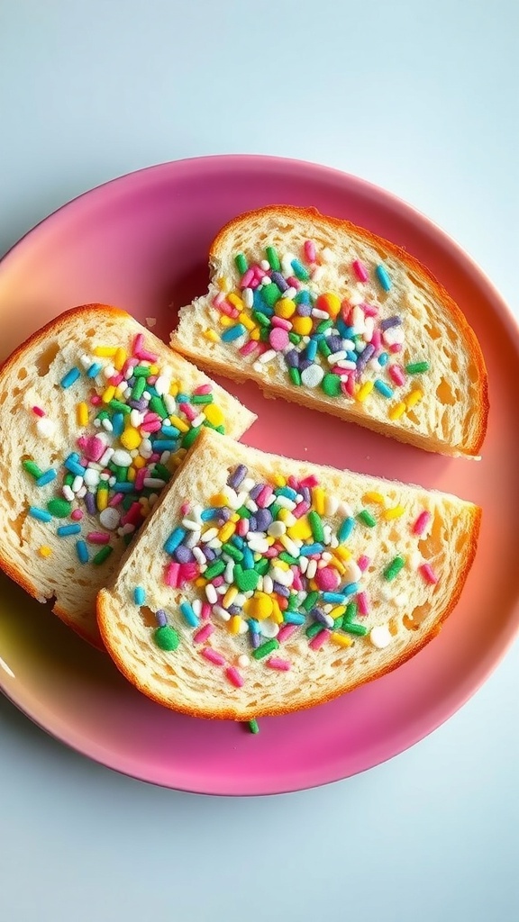 Slices of fairy bread topped with colorful sprinkles on a pink plate