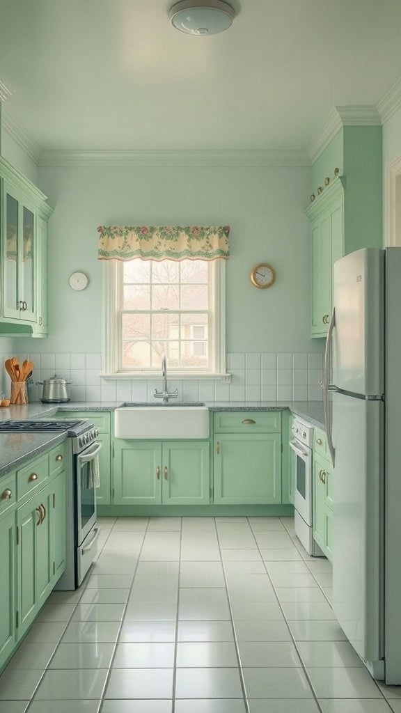 A kitchen with pale mint green cabinets and walls, featuring a farmhouse sink and white tile flooring.