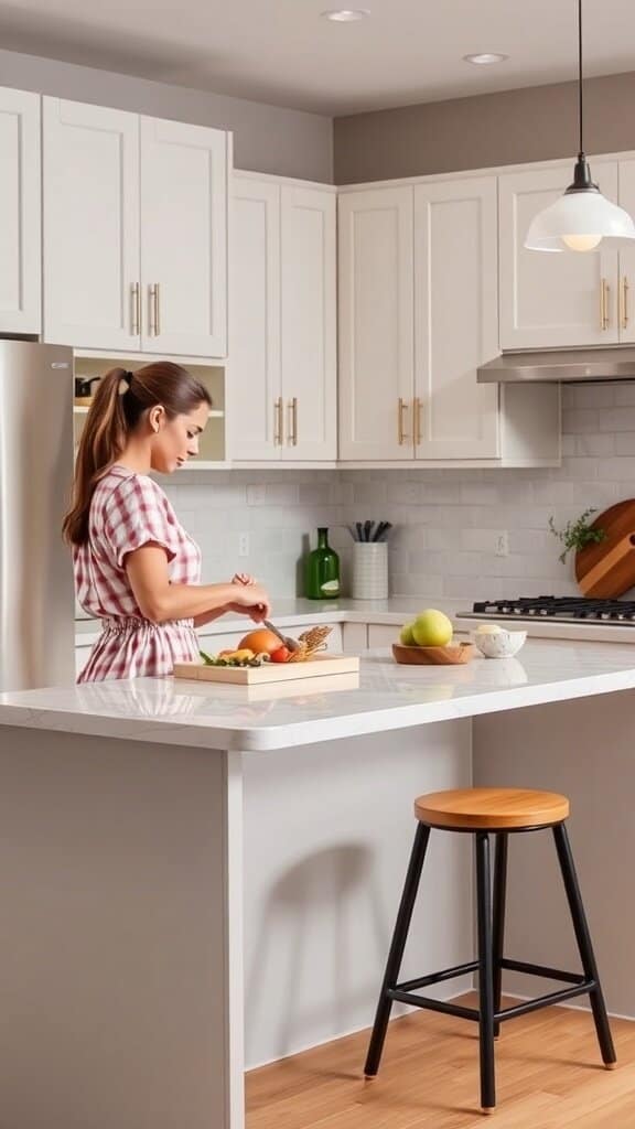 A woman preparing food in a modern kitchen with wooden cabinets and a bright atmosphere.