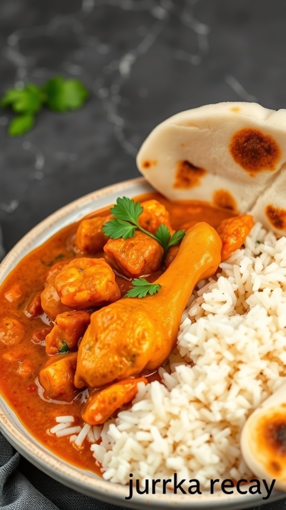 A plate of Chicken Tikka Masala with basmati rice and naan bread, garnished with cilantro.