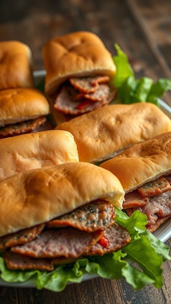 A platter of mystery meat sandwiches with lettuce and soft buns.