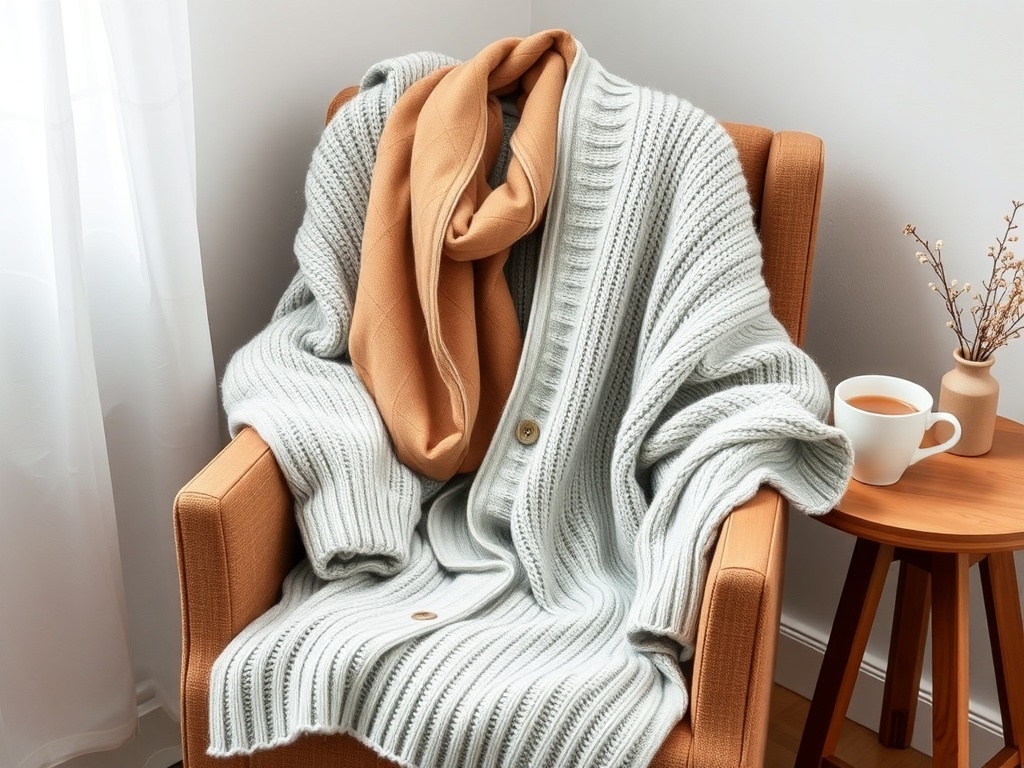 A light gray cardigan draped over a chair with a soft orange scarf, next to a cup of tea.