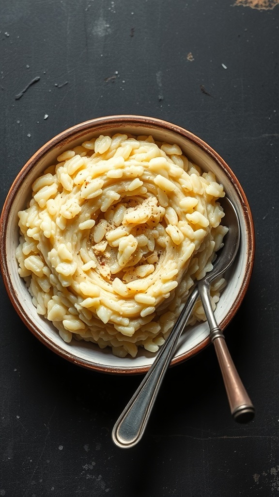 A bowl of creamy risotto with a smooth texture, looking unappetizing and bland.