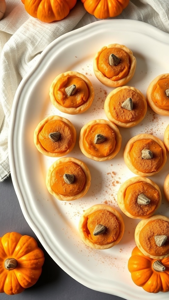 A plate of no bake pumpkin pie bites decorated with pumpkin seeds and surrounded by small pumpkins.