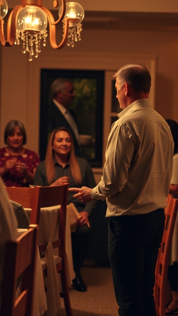 A man speaking to a group during a warm gathering, showing engagement and presence.
