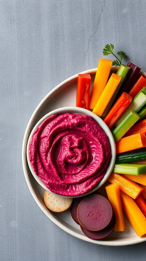 A bowl of vibrant beetroot hummus surrounded by colorful veggie sticks.