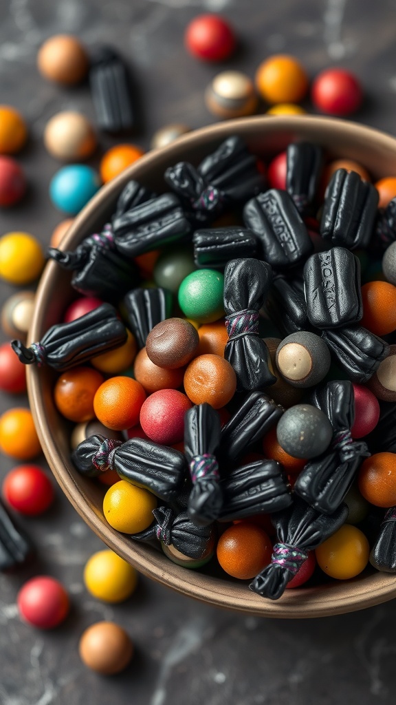 A bowl filled with black licorice pieces and colorful candy balls.