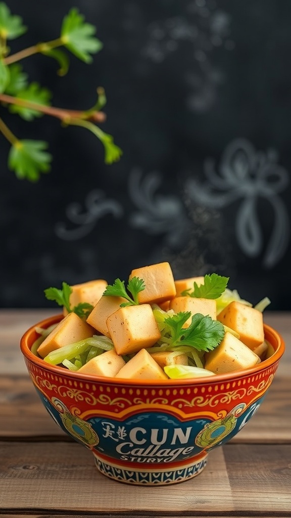 A colorful bowl of cabbage stir-fry with tofu garnished with cilantro.