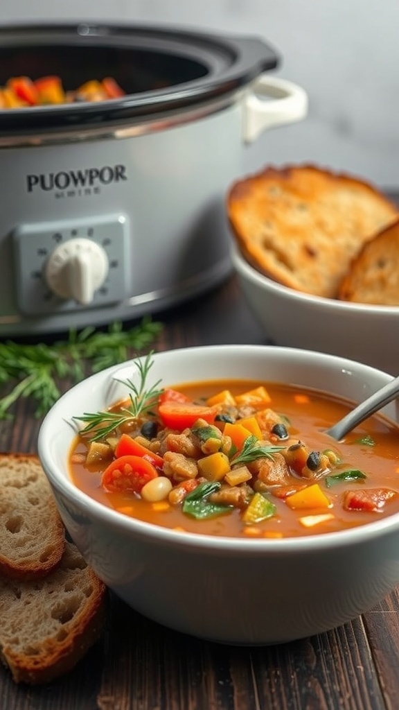 A bowl of vegetable lentil soup with colorful vegetables, served with toasted bread and a crockpot in the background.