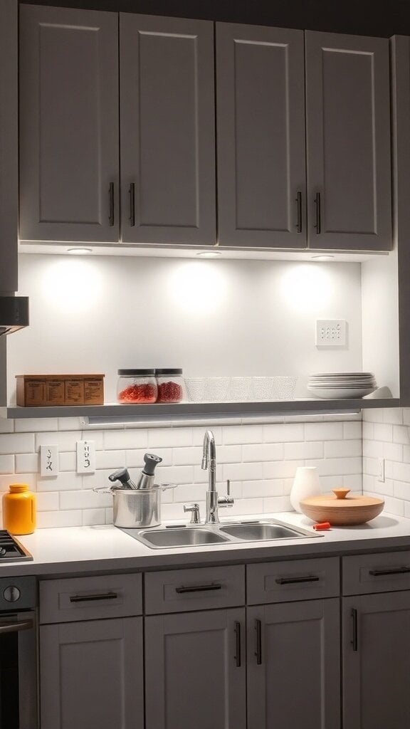 A modern kitchen with under-cabinet lighting illuminating the countertop and sink area.