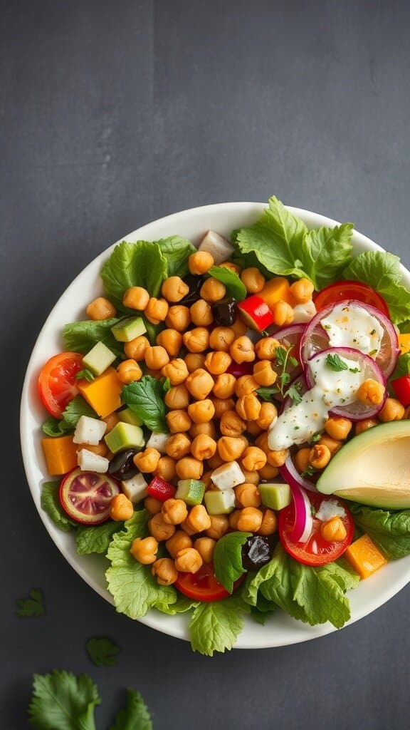 A colorful crispy chickpea salad with various vegetables and chickpeas.