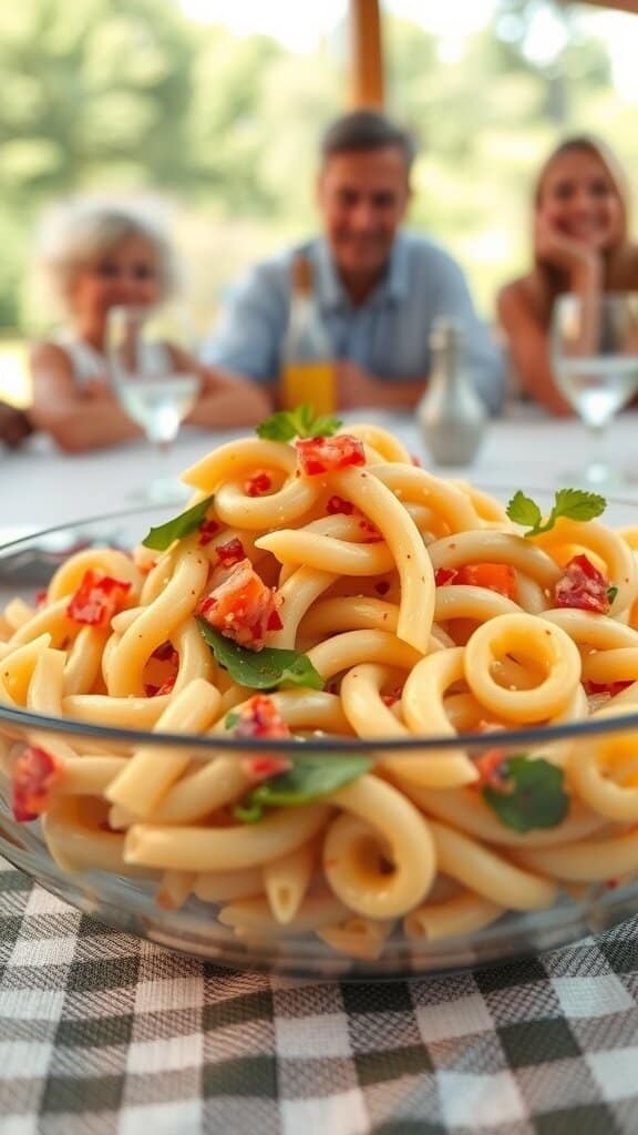 A bowl of overly spicy pasta salad with colorful ingredients, set on a table with family members in the background.