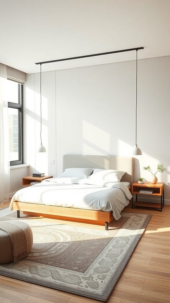 A modern bedroom with a bed featuring under-bed storage, showcasing a minimalist design and natural light.
