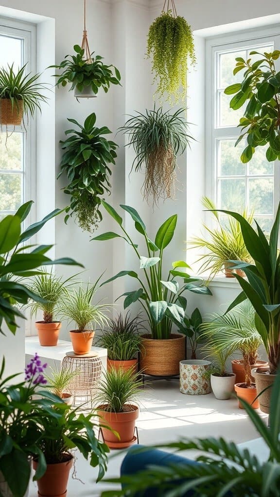 A bright room filled with various indoor plants in pots and hanging from the ceiling.