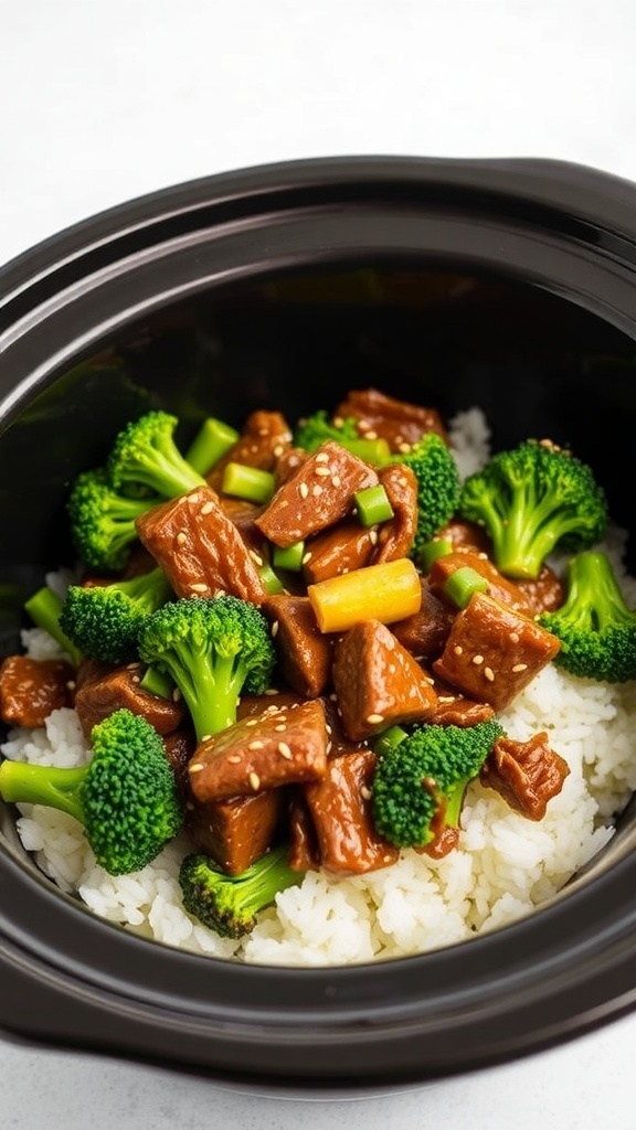 A crockpot filled with beef and broccoli stir fry over white rice.