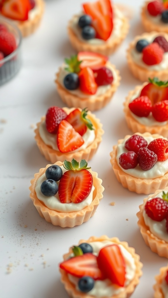 Mini fruit tarts topped with fresh strawberries, blueberries, and raspberries