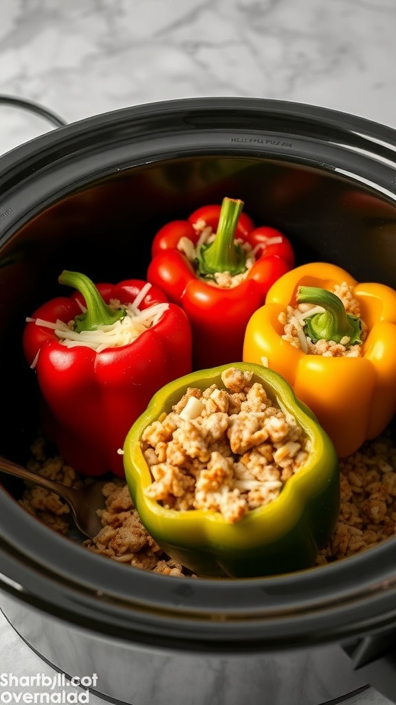 Colorful stuffed bell peppers in a crockpot, filled with rice and meat.