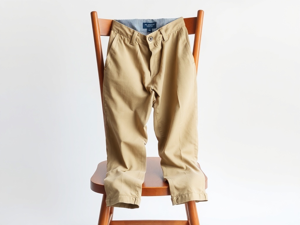 A pair of light beige chinos on a wooden chair