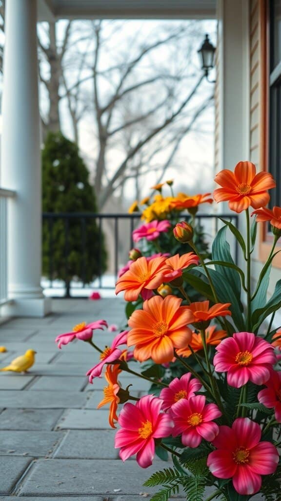 Colorful plastic flowers on a porch
