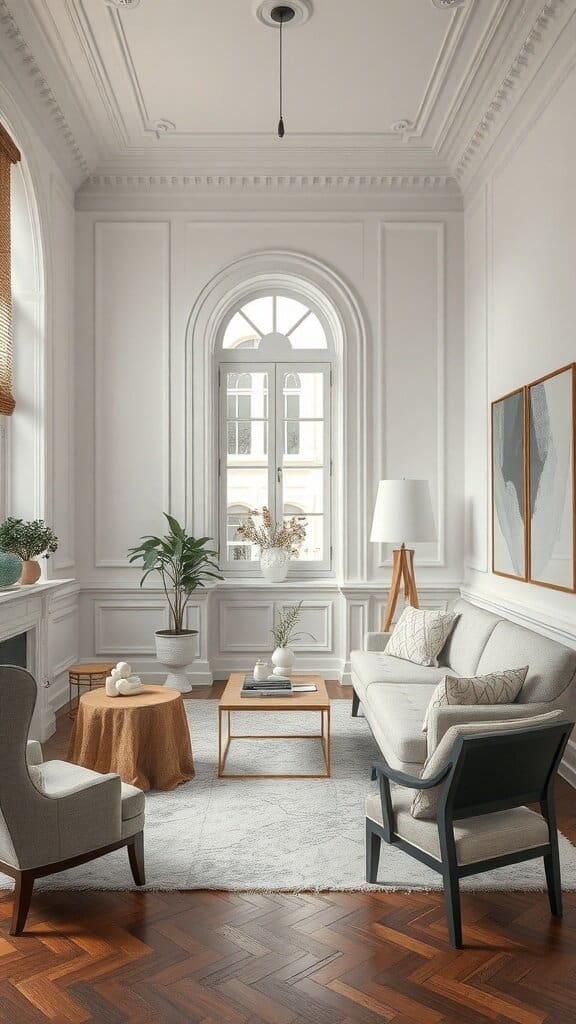 A stylish living room with a light color scheme, featuring a sofa, armchair, and decorative elements.