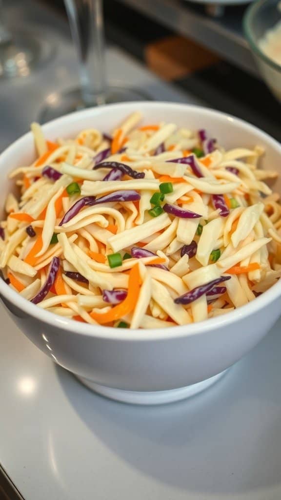 A bowl of colorful coleslaw with shredded cabbage, carrots, and green onions.