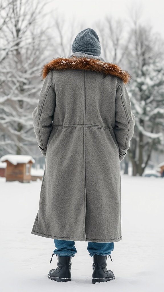 A person wearing a gray coat with a fur collar, a beanie, and boots, standing in a snowy landscape.