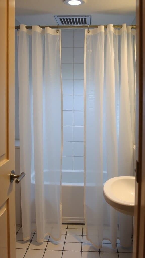 A bathroom with sheer curtains and a bathtub, highlighting privacy concerns.