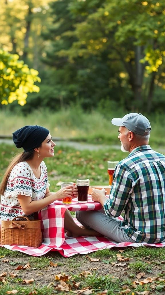 A couple enjoying a picnic in a park, sharing drinks and smiles.