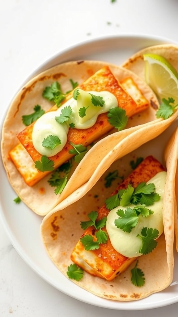 Fish tacos with avocado cream and cilantro on tortillas