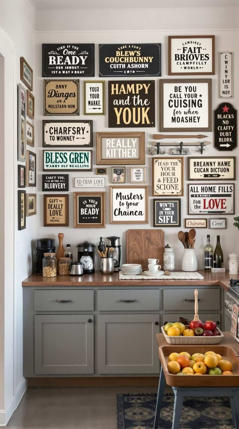 A kitchen wall filled with various signs and frames, creating a cluttered appearance.
