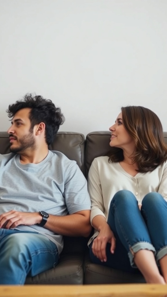 A couple sitting on a couch, showing emotional distance between them.