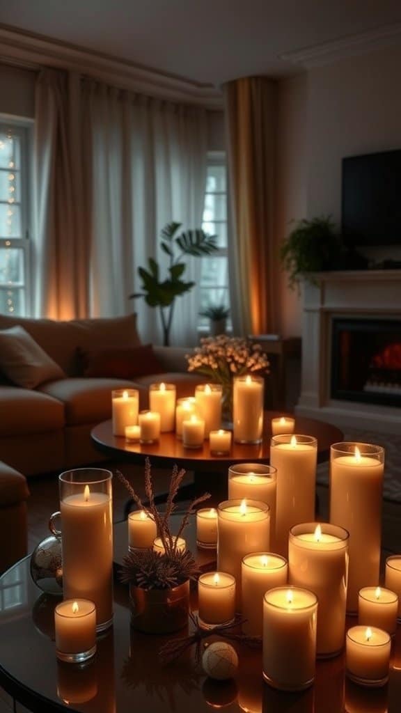 A cozy living room with various scented candles arranged on a table, creating a warm and inviting atmosphere.