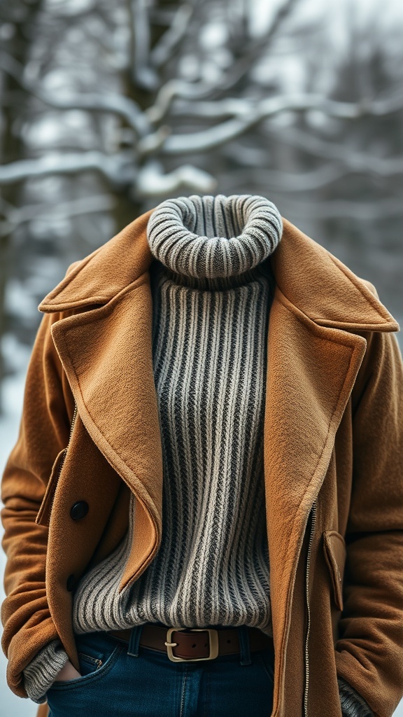 A layered winter outfit featuring a striped turtleneck and a camel coat.