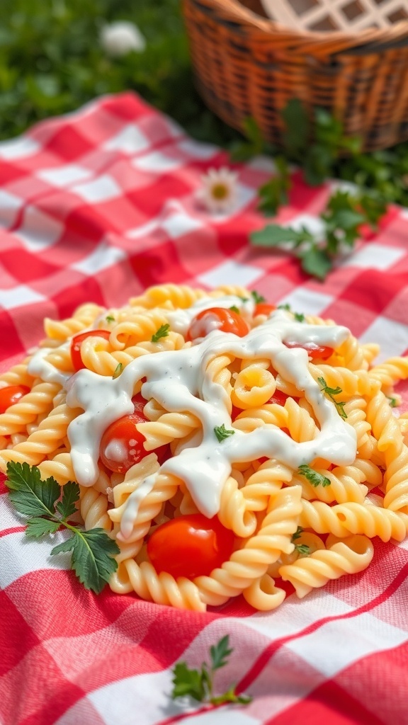 A bowl of limp fettuccine pasta with ranch dressing, cherry tomatoes, and parsley on a picnic blanket.