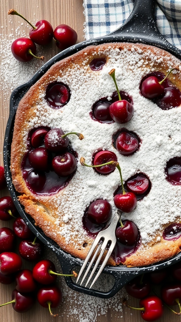 Cherry clafoutis topped with powdered sugar and fresh cherries