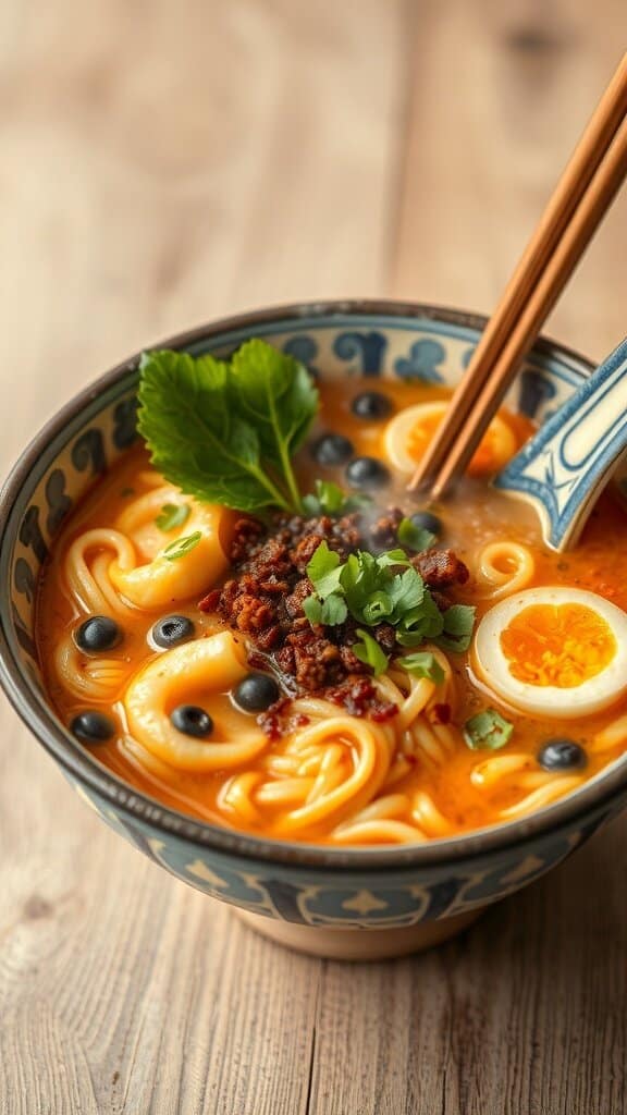 A bowl of instant ramen topped with a fried egg, green onions, and seaweed.