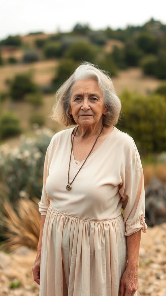 An older woman in a soft beige dress standing outdoors, showcasing a muted color palette.
