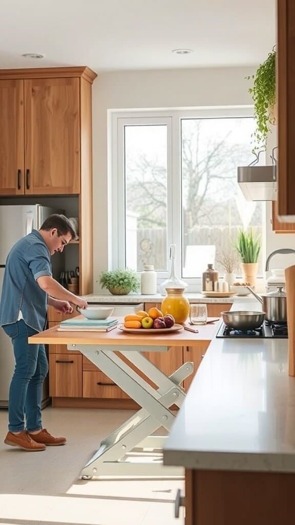 A person preparing food at an adjustable kitchen island in a modern kitchen.