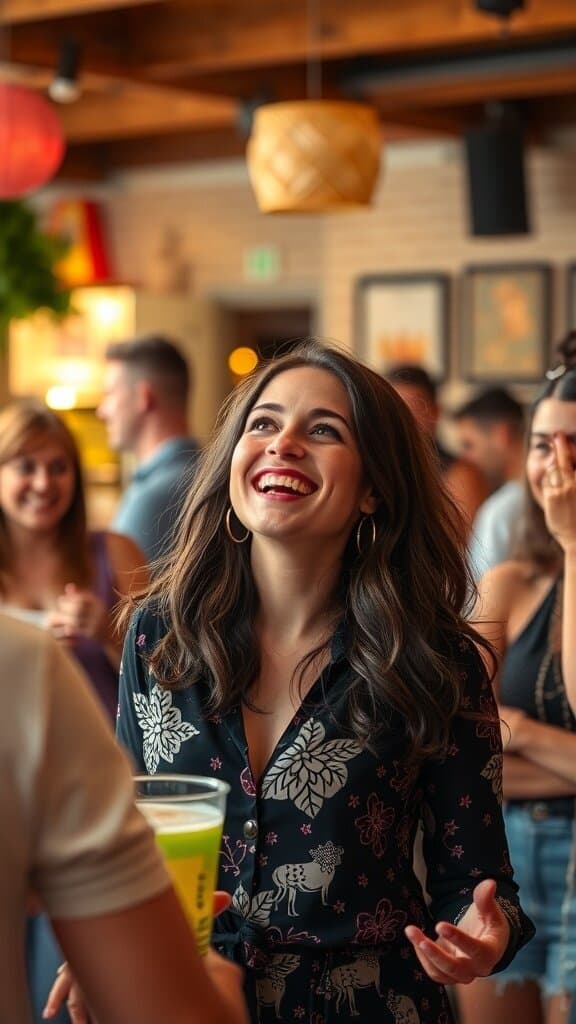 A woman smiling and laughing in a lively social setting, surrounded by friends.