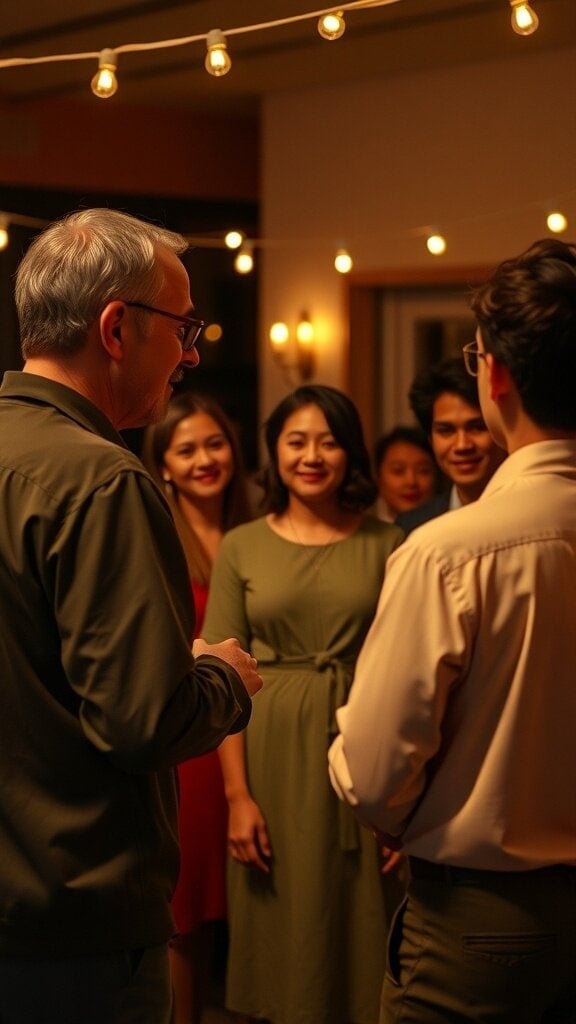 A man talking to another man while friends watch, creating a warm social atmosphere.