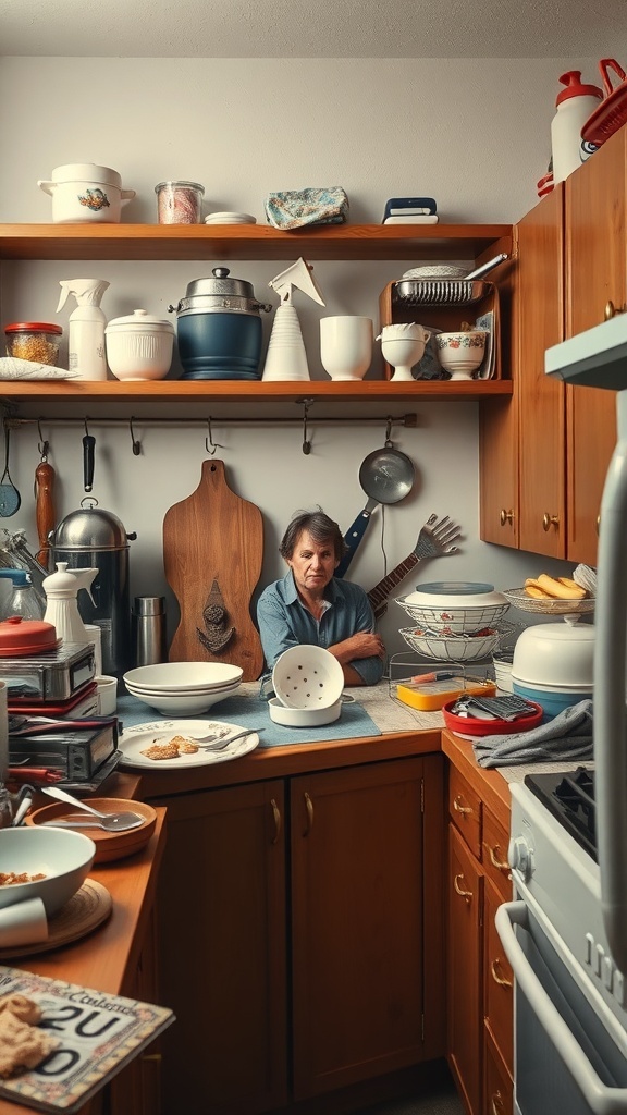 A cluttered kitchen countertop filled with various kitchen items and a person sitting in the middle.